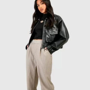 Women Vintage Pocket Detail Leather Jacket