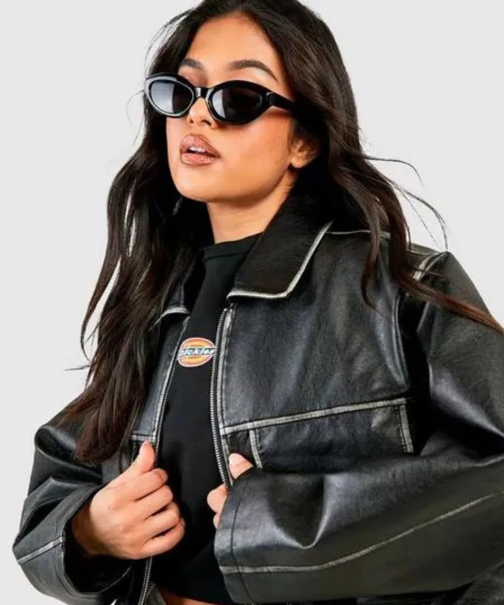 Women Vintage Pocket Detail Leather Jacket - Image 2