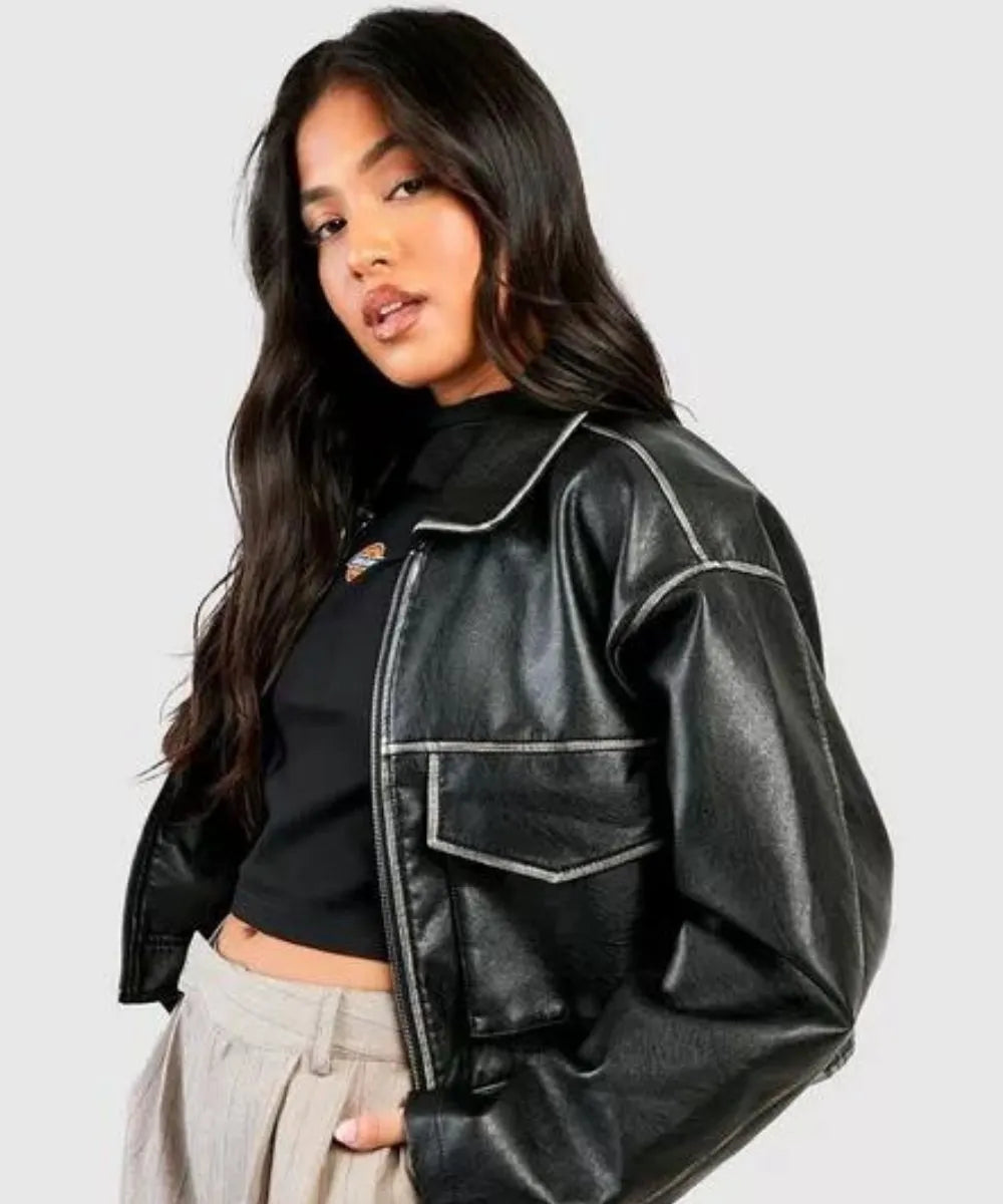 Women Vintage Pocket Detail Leather Jacket - Image 3
