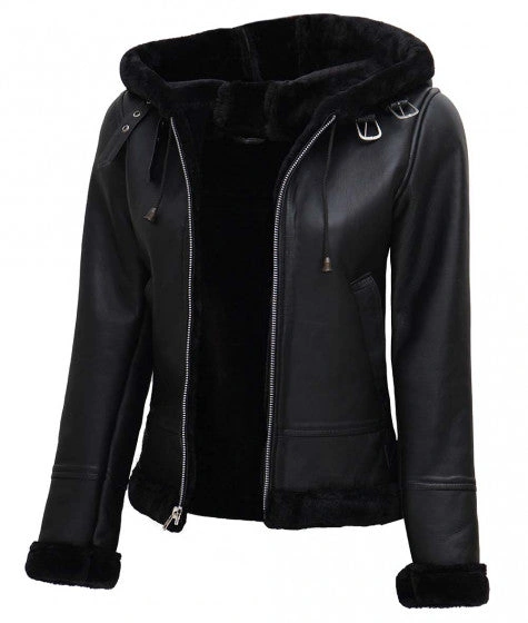 Women Shearling Hooded Leather Jacket 2 Women Shearling Hooded Leather Jacket - Image 2