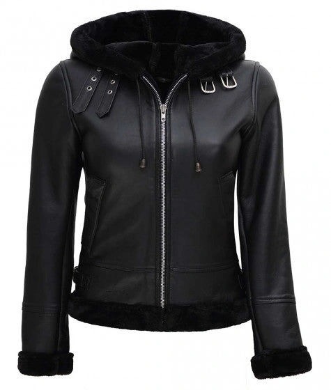 Women Shearling Hooded Leather Jacket 1 Women Shearling Hooded Leather Jacket