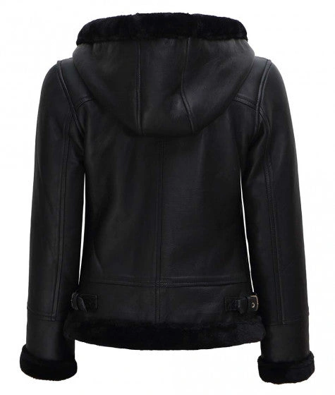 Women Shearling Hooded Leather Jacket 3 Women Shearling Hooded Leather Jacket - Image 3