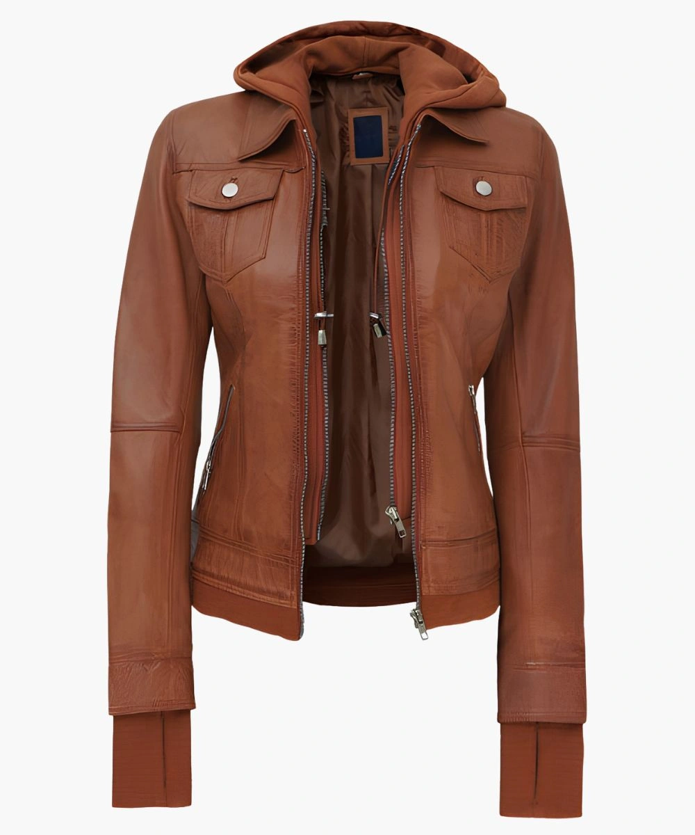 Women’s Tan Hooded Leather Jacket 3 Women’s Tan Hooded Leather Jacket - Image 3