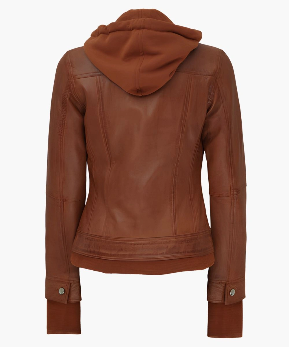 Women’s Tan Hooded Leather Jacket 5 Women’s Tan Hooded Leather Jacket - Image 5