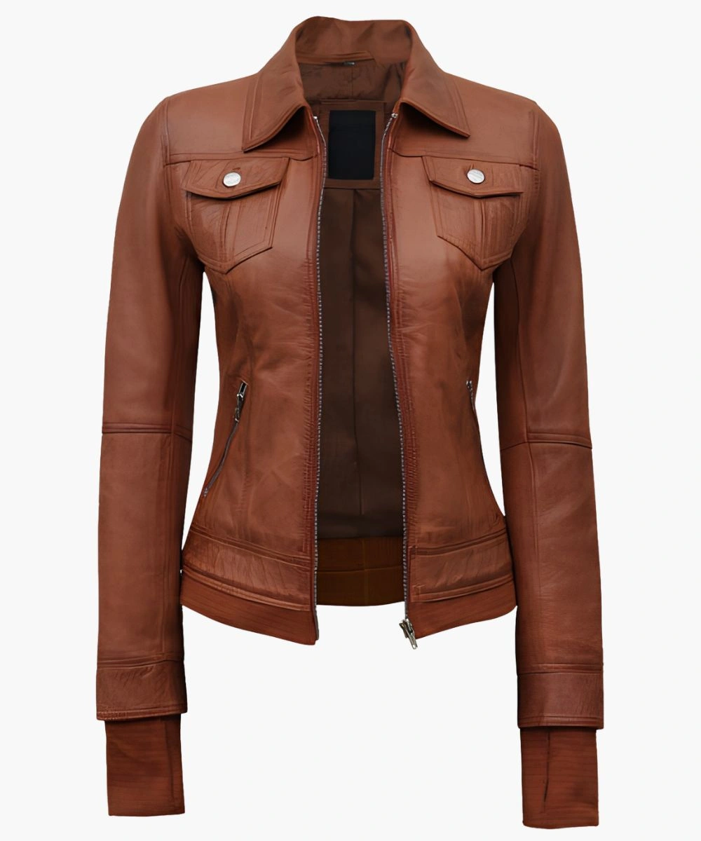 Women’s Tan Hooded Leather Jacket 4 Women’s Tan Hooded Leather Jacket - Image 4