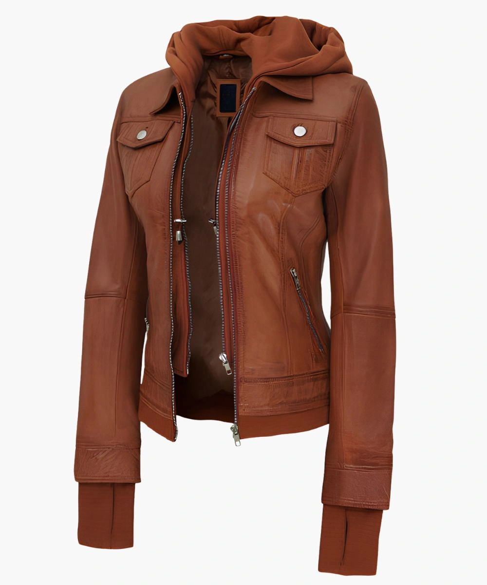 Women’s Tan Hooded Leather Jacket 2 Women’s Tan Hooded Leather Jacket - Image 2