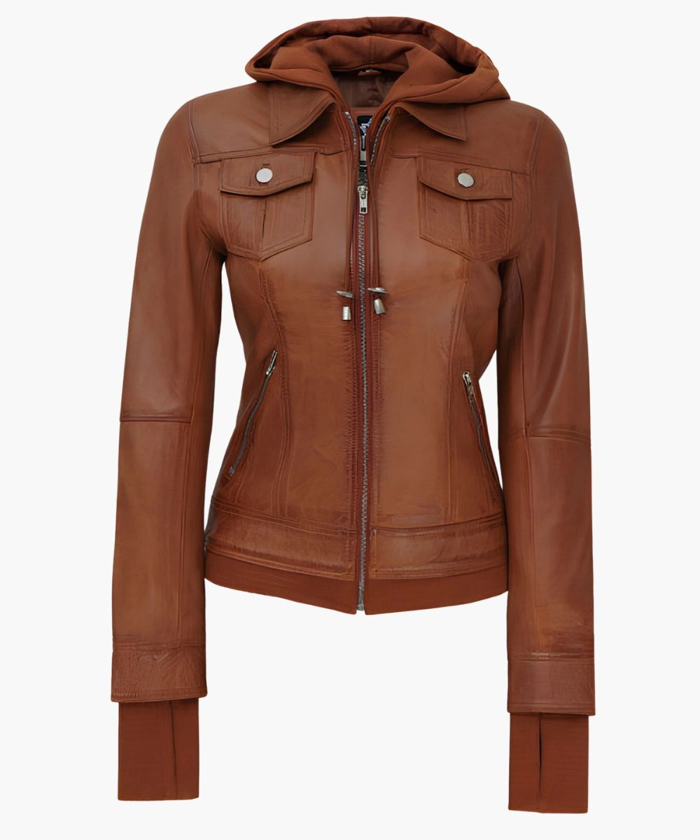 Women’s Tan Hooded Leather Jacket 1 Women’s Tan Hooded Leather Jacket